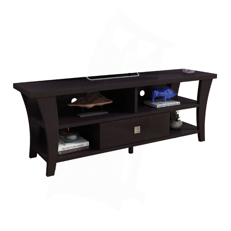 Meuble télé avec pieds courbés en bois et 4 tablettes, 60 po