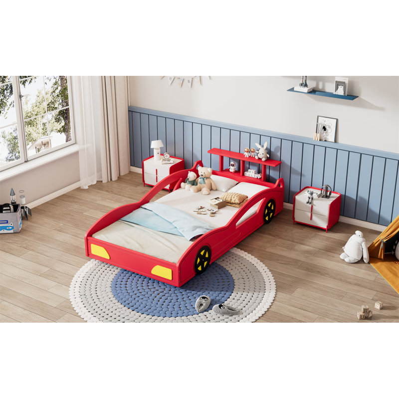 Lit de voiture de course en bois, lit plateforme simple en forme de voiture avec roues pour adolescents, Red
