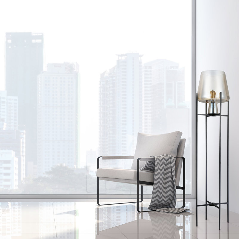 61"H Nadia Glass Bowl Modern Floor Lamp, Black, Champagne