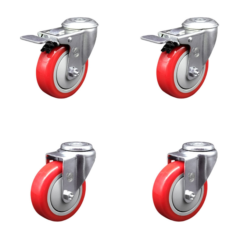 Ensemble de roulettes pivotantes en polyuréthane 4 trous avec 2 verrous, Noir
