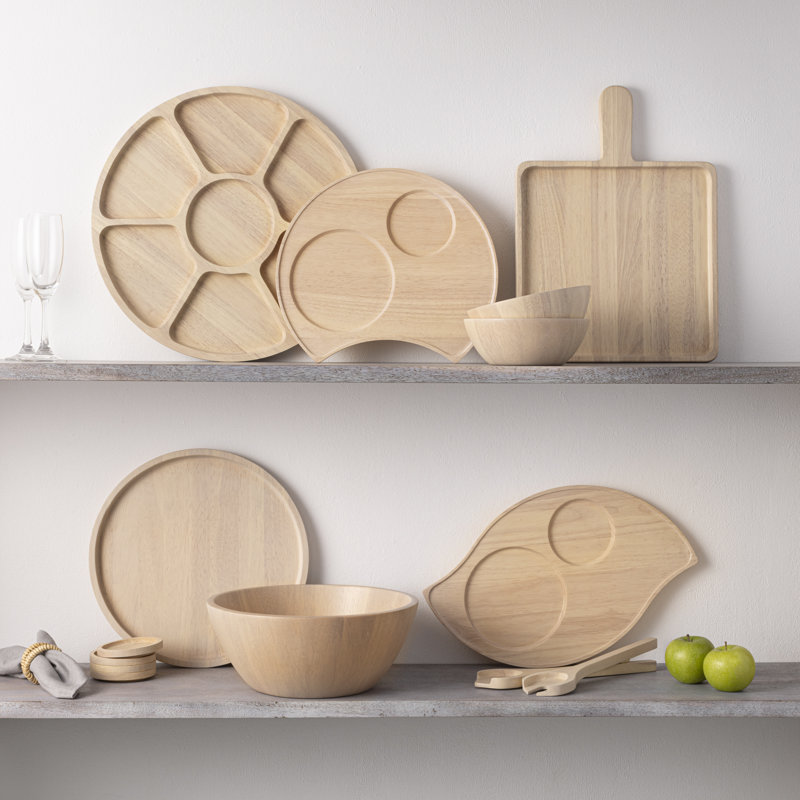 Blonde Rubber Wood Round Compartment Platter, 16"