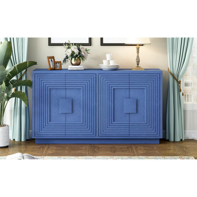 Sideboard With Adjustable Shelves, Vintage Style In Navy Blue Accent Geometric Pattern For Dining, Kitchen, Living Room -