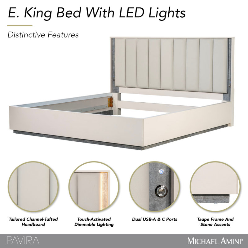 Pavira Bed With LED Lights - Stone, King