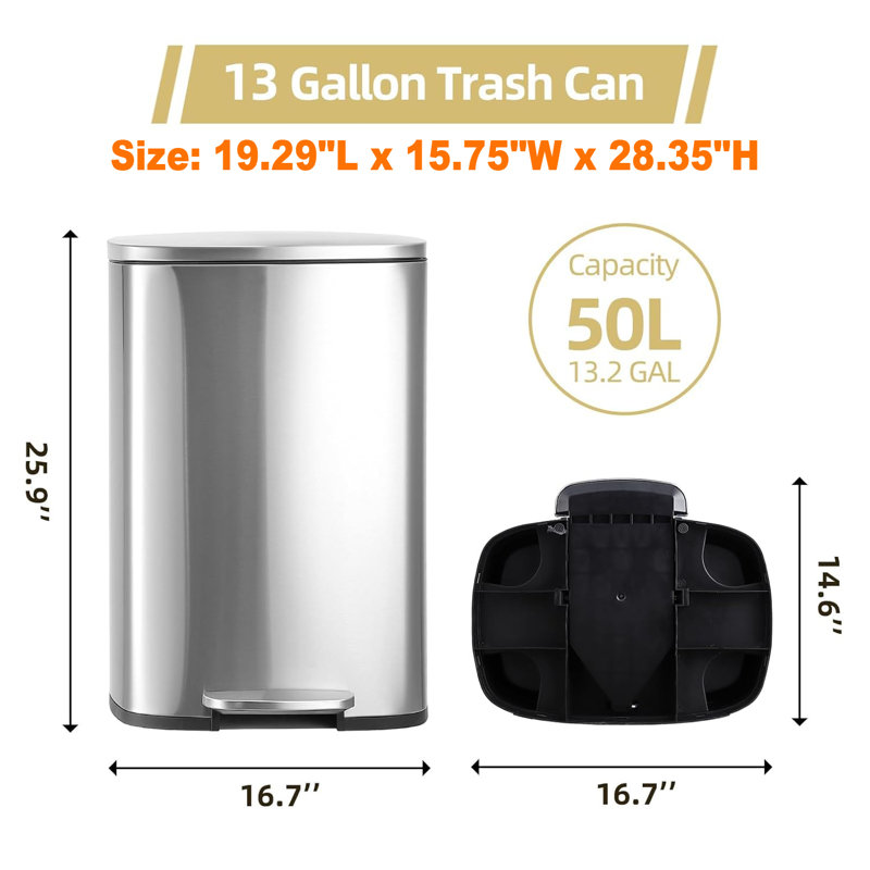 50L Silver Stainless Steel Rectangular Step-On Trash Can