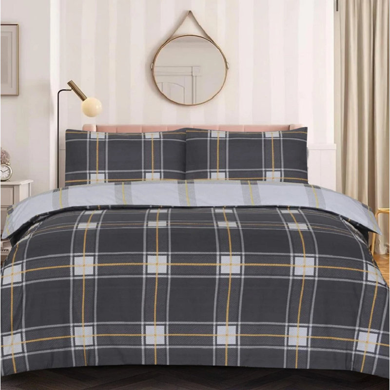 Cotton Blend Duvet Cover Set with Pillowcases, Grey Plaid, Double Duvet Cover Set + 2 Standard Pillowcases