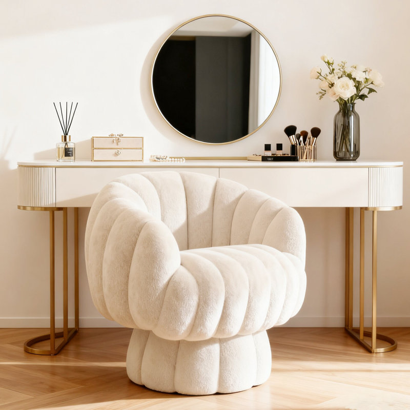 Upholstered Swivel Accent Chair Barrel Chair with Pillow, Beige Teddy