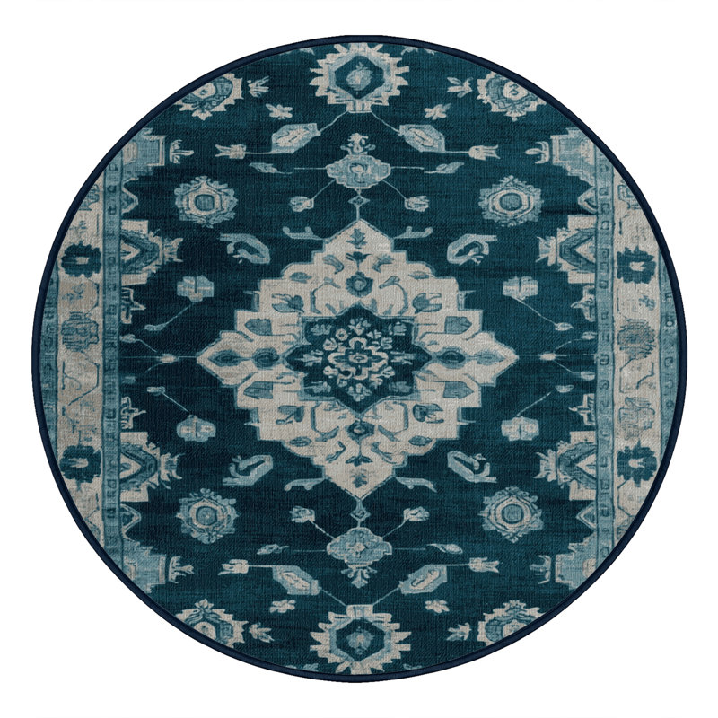 Tapis bleu lavé à la machine, Rond 7 pi