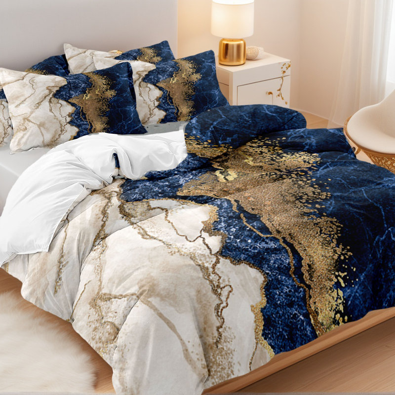Literie Orylavena en microfibre à motif marbre bleu marine, blanc et or avec 2 taies d'oreiller, format King, 3 pièces (garnitures non comprises)
