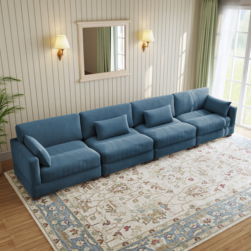 4 Seater Corduroy Corner Sofa , 78cm H x 410cm W x 87.9cm D, Navy Corduroy
