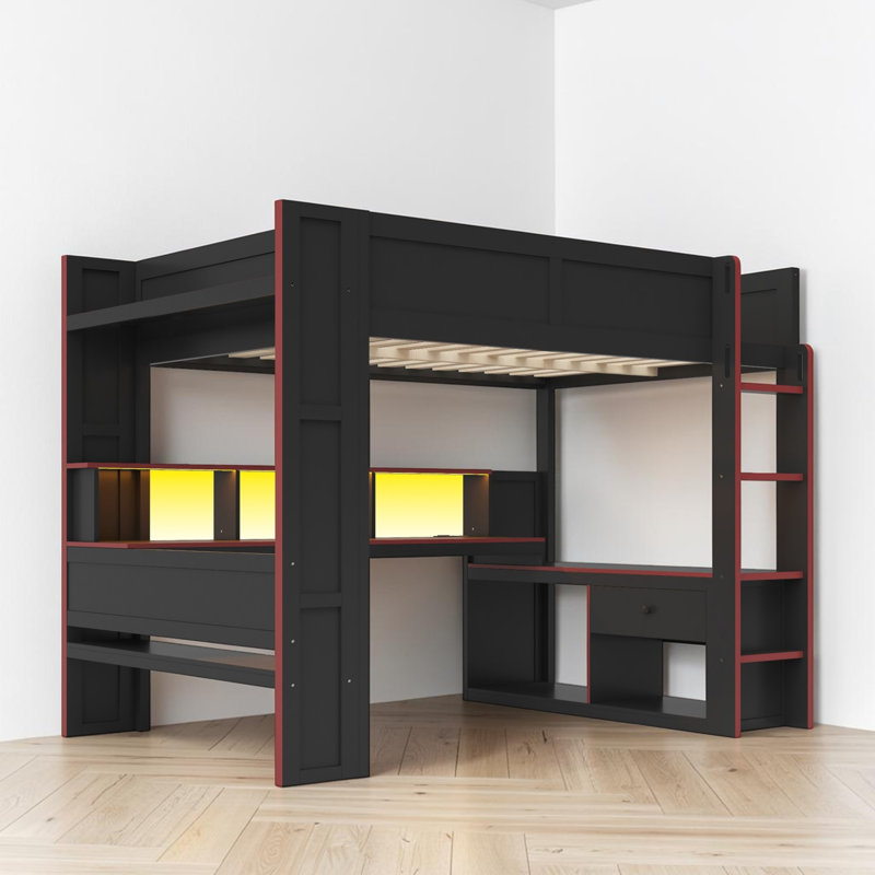 Loft Bed With Built-In Desk And Charging Station, Full, Black & Red
