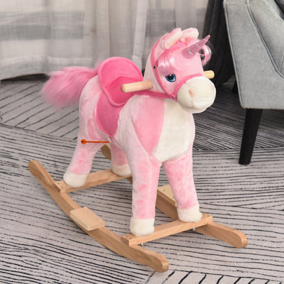 Cheval à bascule, conception de licorne à cheval avec base en bois, queue de cheval et sons pour tout-petits de 3 à 6 ans, rose