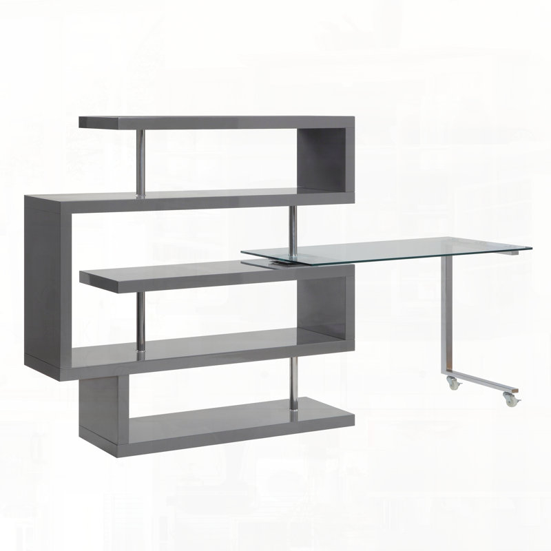 Bureau d'écriture avec tablette à finition chromée ultrabrillante en forme de L, Gris