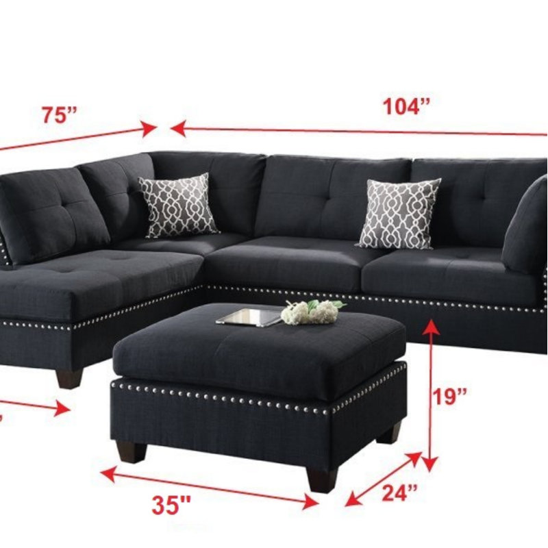 3 pièces Canapé modulaire avec coussins réversibles, Polyfibre noire, Face à la gauche