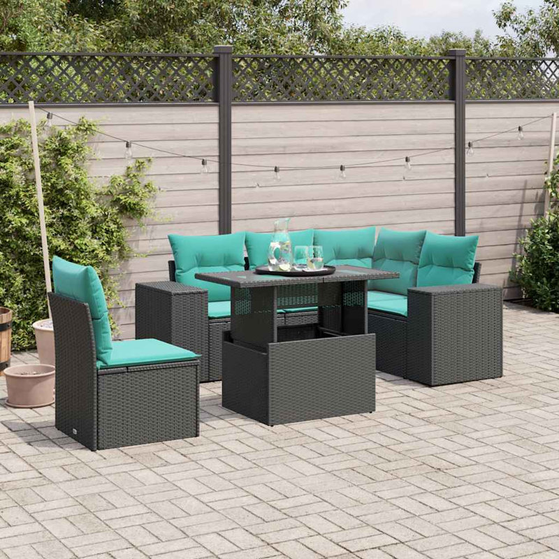 Ensemble de canapé de patio 6 pièces avec coussins en rotin de polyester, Bleu clair, Noir