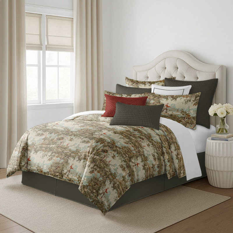 Greenwood Ivory/Red Linen Duvet Cover Set, California King Duvet + 2 King Shams
