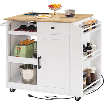 Chariot de cuisine avec prise électrique, meuble de rangement roulant avec tiroir, casier à vin, étagère à épices et porte-serviettes, blanc/naturel