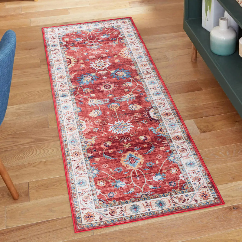Samira Cullen Machine Washable Floral Border Red Cream Multi Indoor Area Rug, Transitional Flat Pile for Living Room & Bedroom - Red, 2x6 Runner