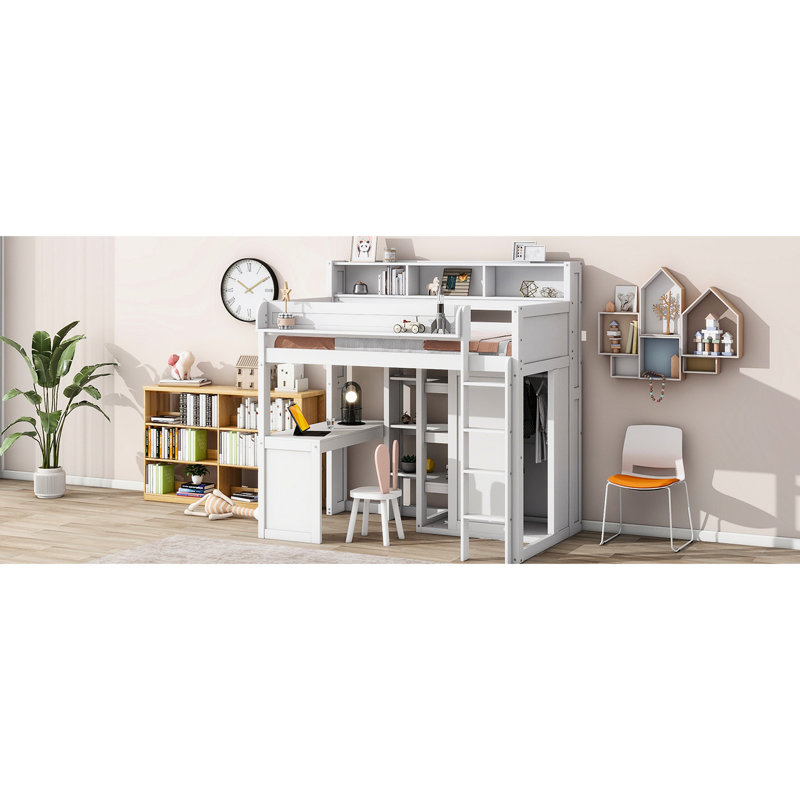 Lit mezzanine simple en bois, blanc, avec tablettes pour lit, White