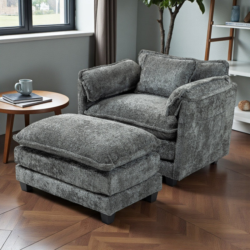 Geneveve Oversized Bouclé Accent Armchair With Ottoman, Gray