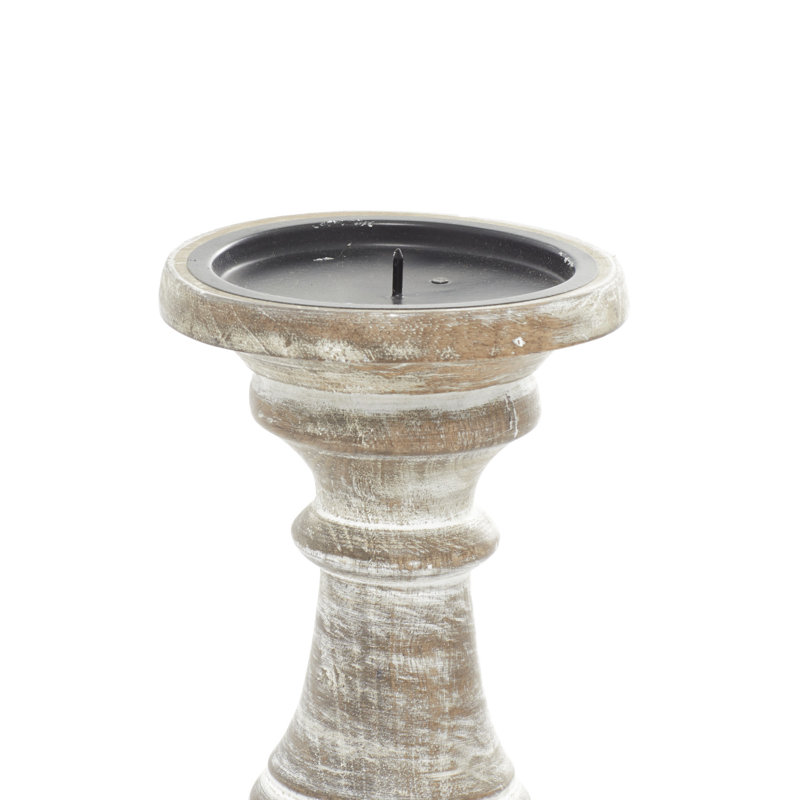 Mango Wood Turned Style Pillar Candle Holders, Cream