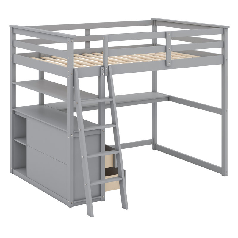 Lit mezzanine avec bureau et tablettes, deux tiroirs intégrés, Gris, Double
