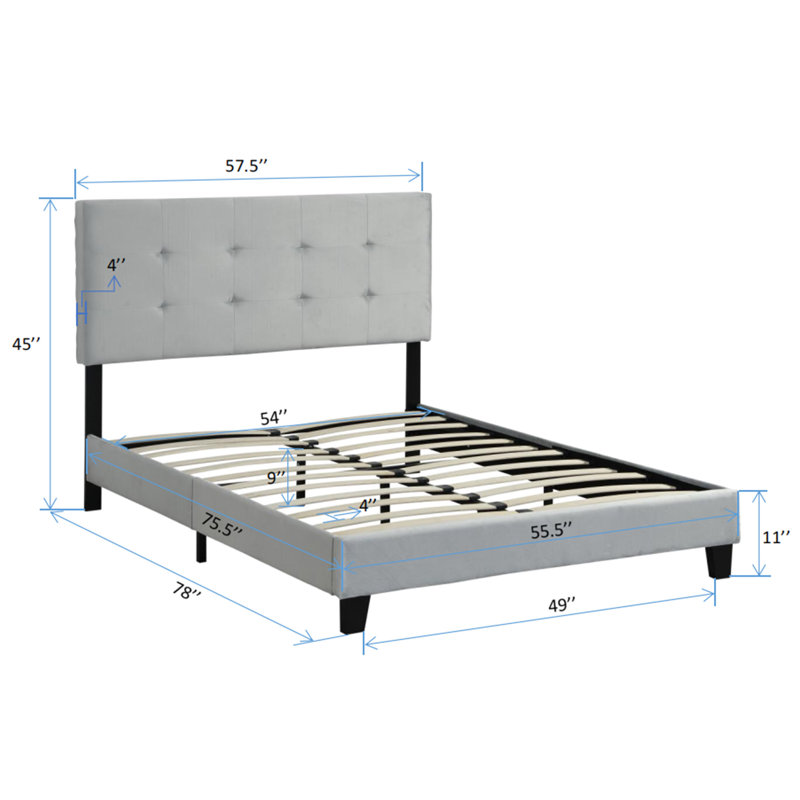 Structure de lit double tapissier avec tête de lit grise, support en lattes de bois robuste, sommier, facile à assembler, sans sommier tapissier, tête de lit en velours gris