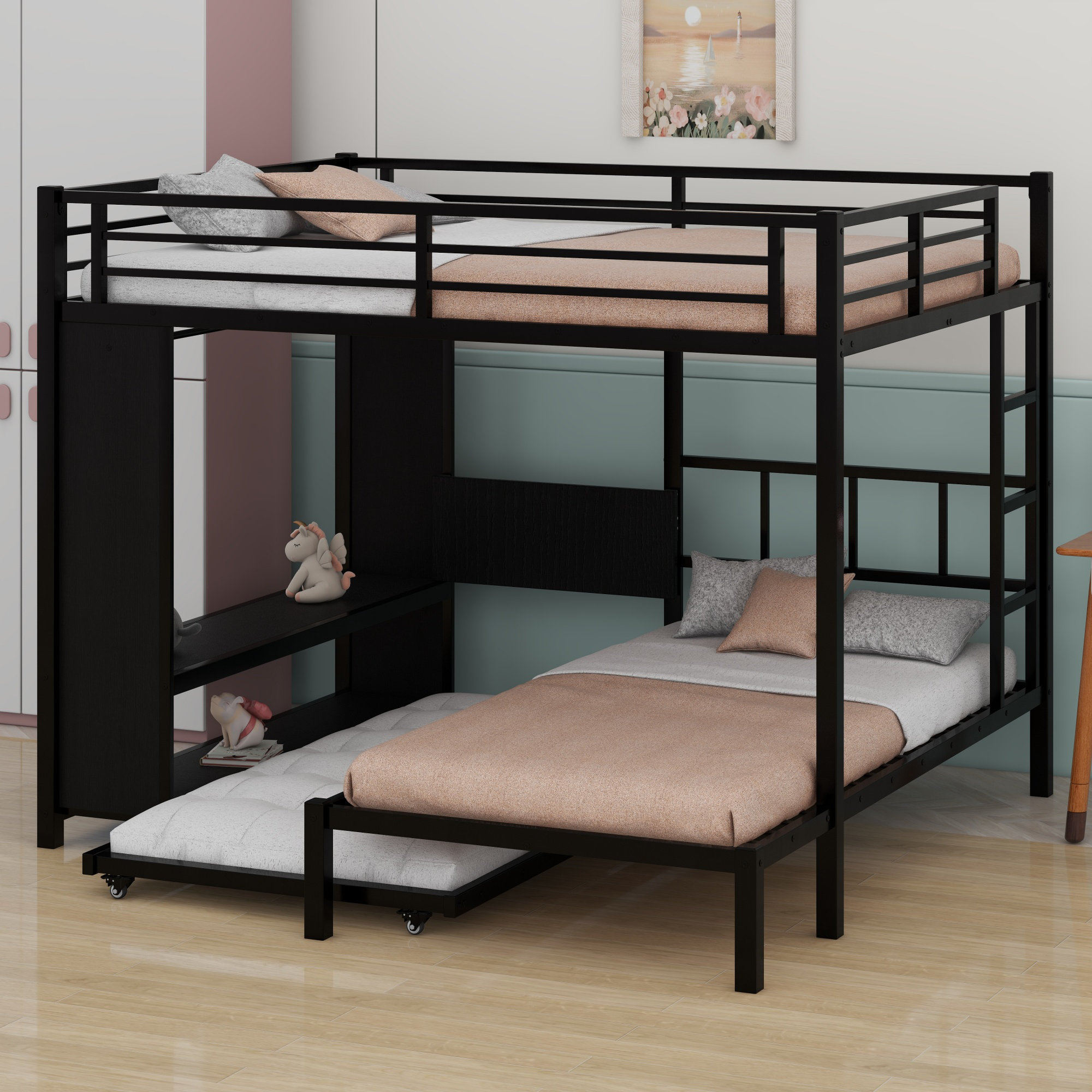 Latitude Run® Bunk Bed With Built-In Wardrobe,Trundle And Foldable Desk