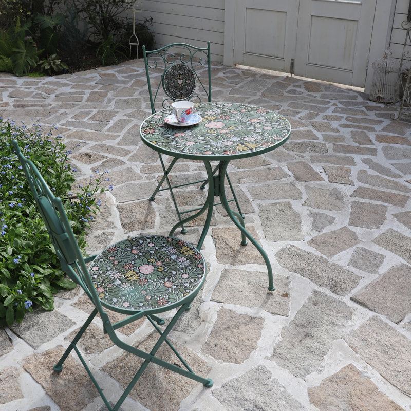 Outdoor Bistro Set for 2 Persons with Ceramic Top , Vintage Small Dining Table and Chairs Set for Patio Balcony Garden, Green