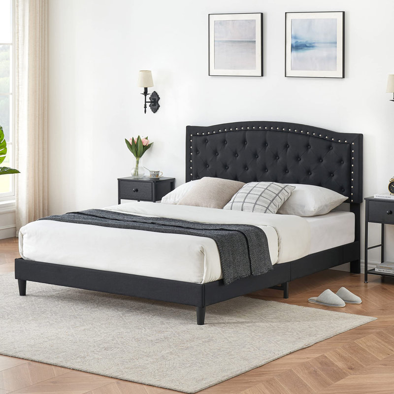 Rozella Upholstered Metal Platform Bed, Black, Queen