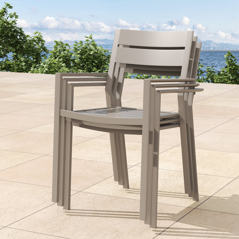 6-Person Patio Dining Set with 53" Metal Round Dining Table and 6 Stackable Armrest Chairs, Sandshell