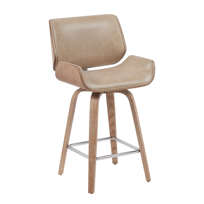 Alli Swivel Faux Leather Counter & Bar Stool with Wood Legs and Metal Footrest, Counter Stool (26" Seat Height), Beige