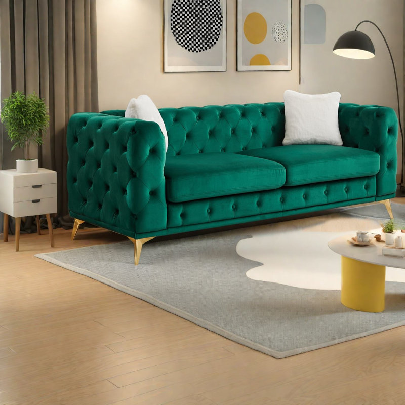Canapés à compression, velours vert 82,5 pouces Chesterfield Modern Home