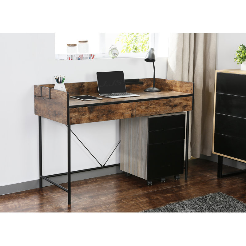 Bureau d'ordinateur 48 po avec 2 tiroirs et quincaillerie en métal, Brun rustique