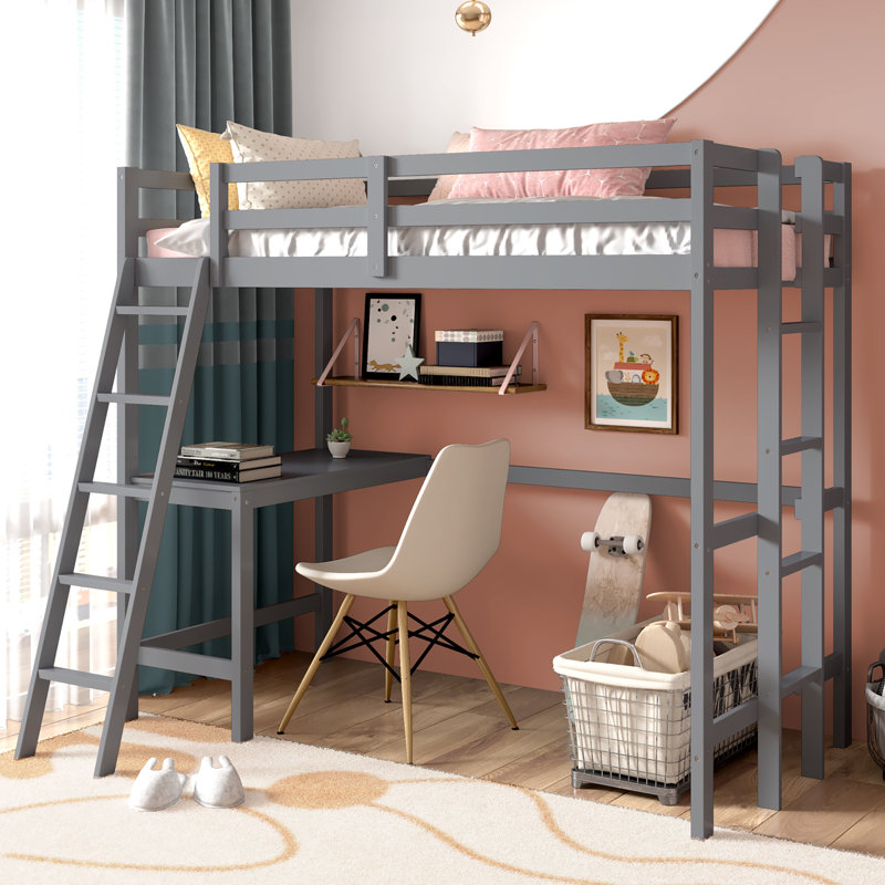 Diamonde Twin Loft Bed Frame W/desk Angled And Built-in Ladder Solid Wooden Frame Gray