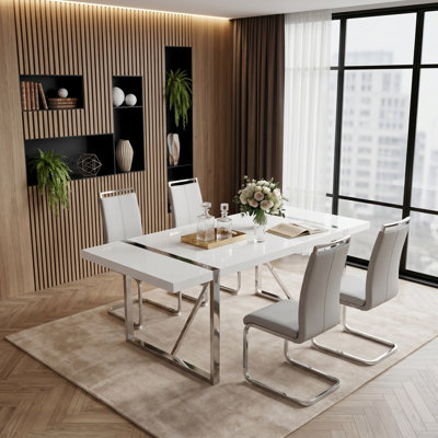 Ensemble de salle à manger 5 pièces rectangulaire moderne en bois ultrabrillant Glam avec chaises en faux cuir