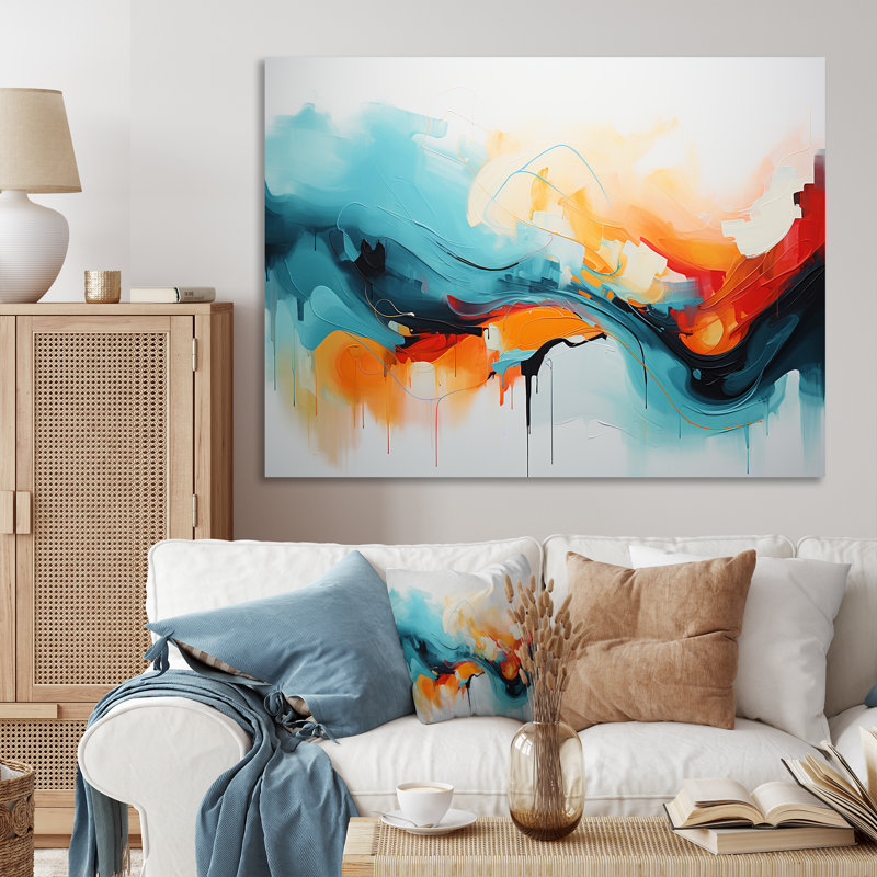 Bleu et orange, vagues abstraites colorées IV - art mural abstrait, Toile tendue, H 34 po x l 44 po x P 1,5 po