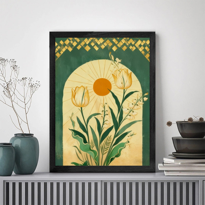 Art mural rétro noir encadré floral soleil - Boho, H 17 po x l 13 po