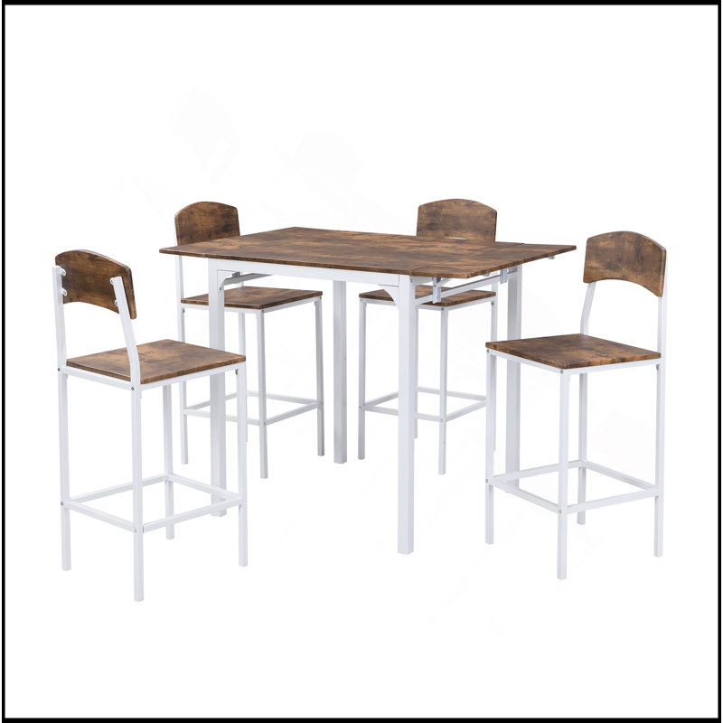 Farmhouse 5-Piece Counter Height Drop Leaf Dining Table Set With Dining Chairs For 4,White Frame+ Rustic Brown Tabletop