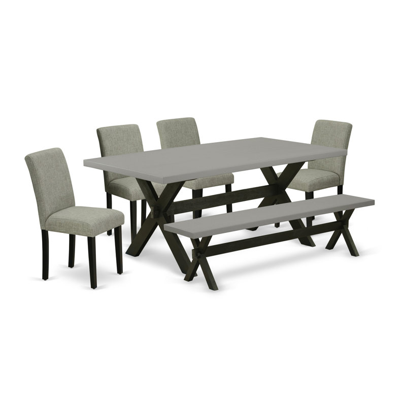 6 Piece Dinette Set Contains a Rectangle Dining Table with X-Legs and 4 Shitake Linen Fabric Parson Chairs with a Bench, Wire brushed Black