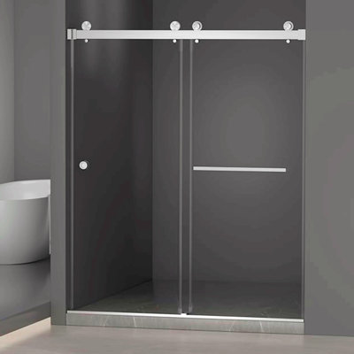 Porte de douche coulissante double sans cadre l 55 à 59 po x H 72 po, verre trempé Sgcc épais de 5/16 po (8 mm) en acier inoxydable 304, poignée ronde avec revêtement nano facile à nettoyer