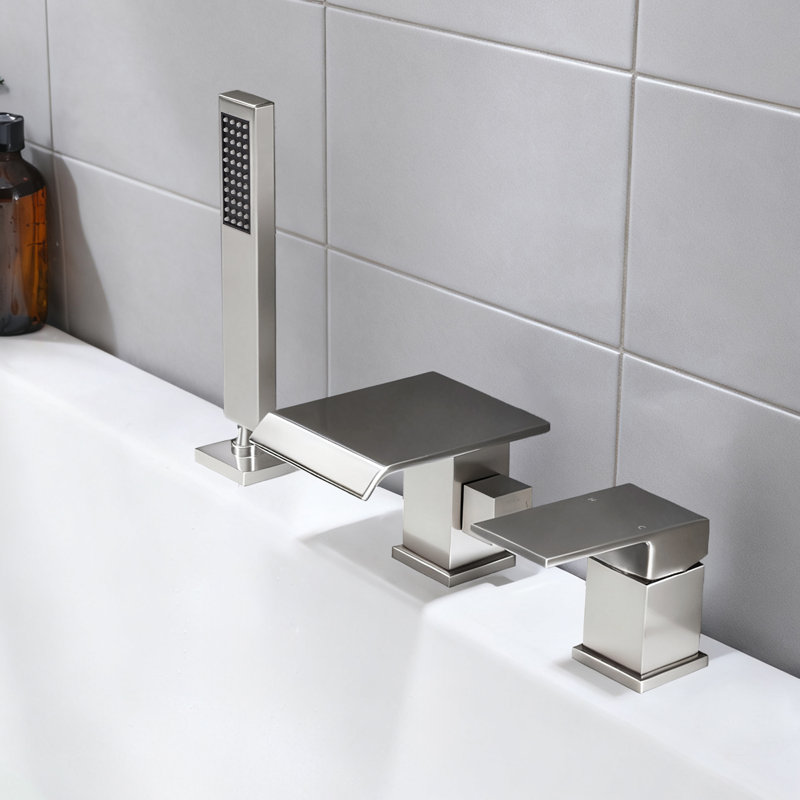 Solid Brass Deck Mounted Waterfall Roman Tub Filler with Hand Shower, Brushed Nickel