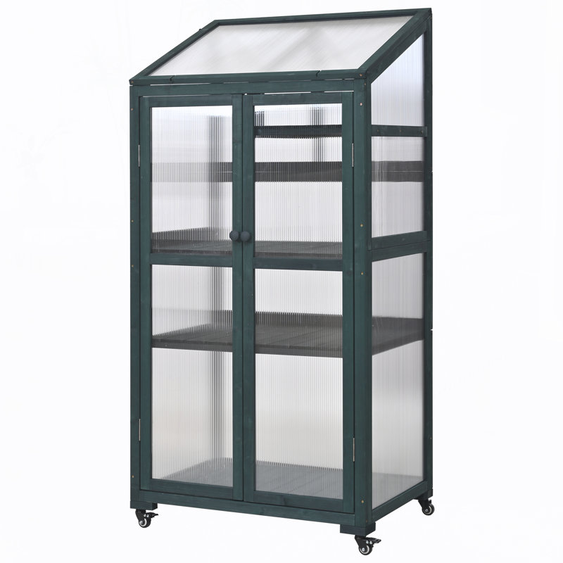 Ricky 62" H Portable Wooden Greenhouse with Wheels & Adjustable Shelves, Green
