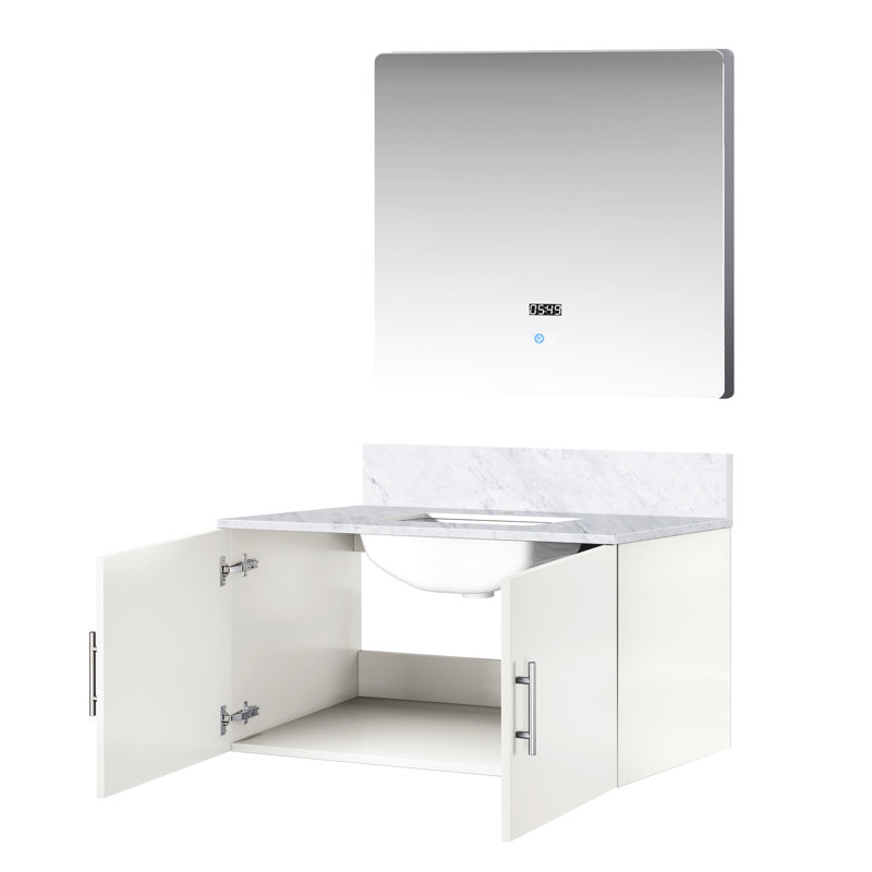 36 po Miroir à DEL et meuble-lavabo blanc brillant avec surface en marbre - compartiment spacieux, fermeture en douceur, plateau de rangement inclus