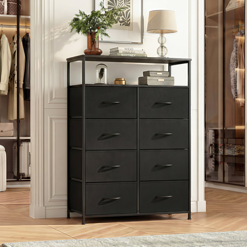 Chaseburg 8-Drawer Dresser with Open Media Shelf, 45.9'' Tall Black Dresser with Wooden, Storage Tower with Sturdy Frame, Chest of Drawer For Closet, Hallway