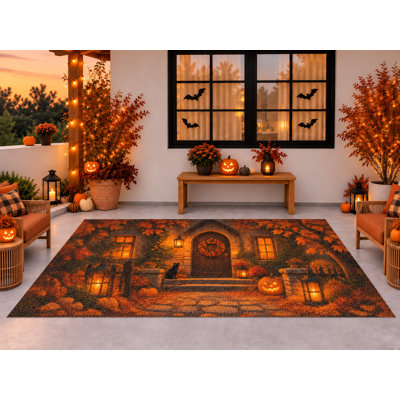 Tapis d'extérieur 152 x 213 cm, motif maison hantée, citrouilles et lanternes pour Halloween, tapis bouclé en PVC imperméable, tapis résistant à séchage rapide pour porche, terrasse, balcon ou entrée.