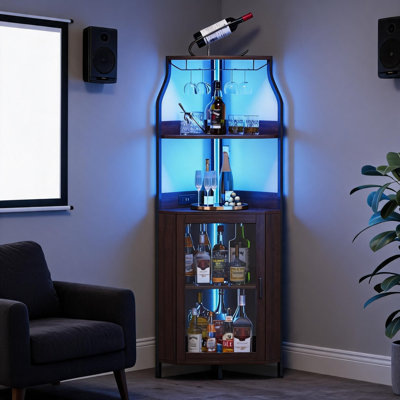 Armoire de bar à vin à 5 niveaux avec porte de grange - Structure en métal durable, peu encombrante, tablettes réglables et support en verre - Rangement pour boissons, cuisine, salon