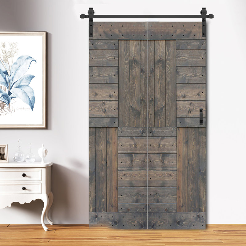 Porte à deux branches en bois massif en forme de S avec rail de quincaillerie - Assemblage requis, Gris fumé, 42 po x 84 po