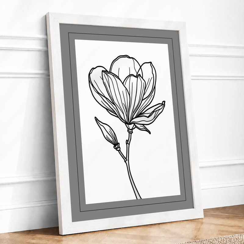 Single Stem Flower Botanical - Framed Print, A2 - 59.4 x 42.0 cm, White