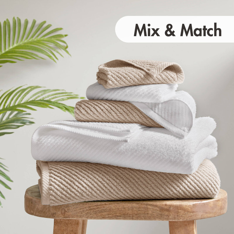 Diagonal Ribbed White 100% Cotton Quick Dry 6-Piece Towel Set, White, 6 Piece Towel Set