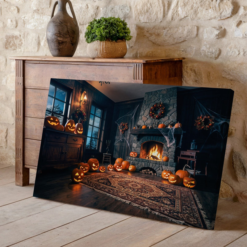 Toile, "Cosy Dimly Lit pendant Halloween" avec art mural en pierre, foyer avec flammes vacillantes, lumière chaude, art mural